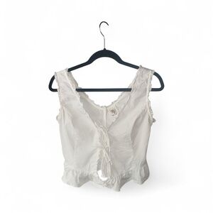 Self Esteem White Lace-Up Open Front Cotton Blouse Crochet Trim M